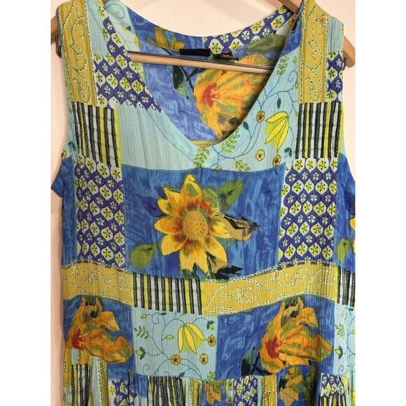 Vintage Bila California  Maxi Dress Women's Patchwork Blue Sunflower M 90s Boho - Picture 2 of 8